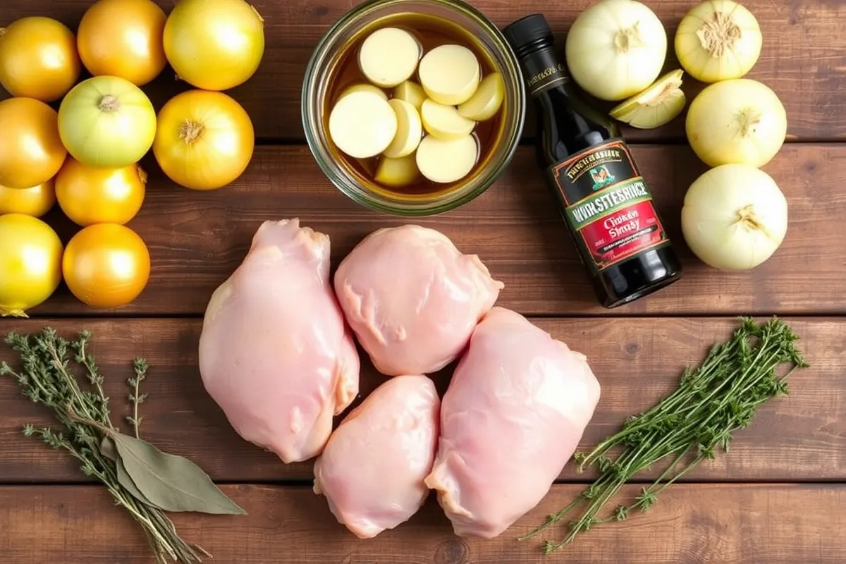 Fresh ingredients for crockpot French onion chicken, including chicken, onions, broth, and seasonings.