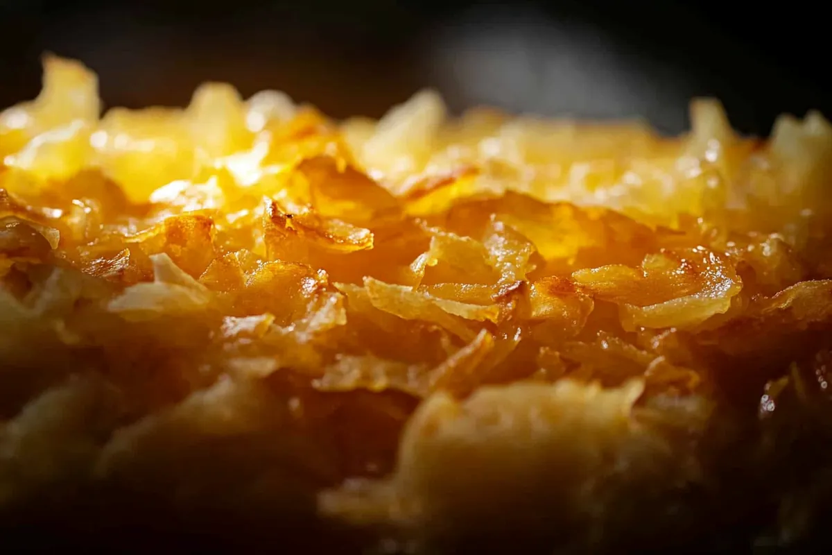 A close-up of a soggy hash brown casserole, visually representing the problem of a mushy texture and relating to the question, "Why is my hash brown casserole soggy?"