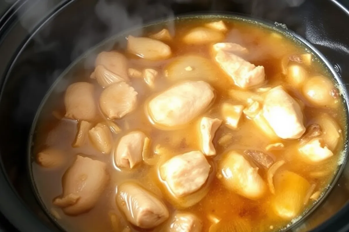 Crockpot french onion chicken simmering in a slow cooker, showing the rich broth and tender chicken.