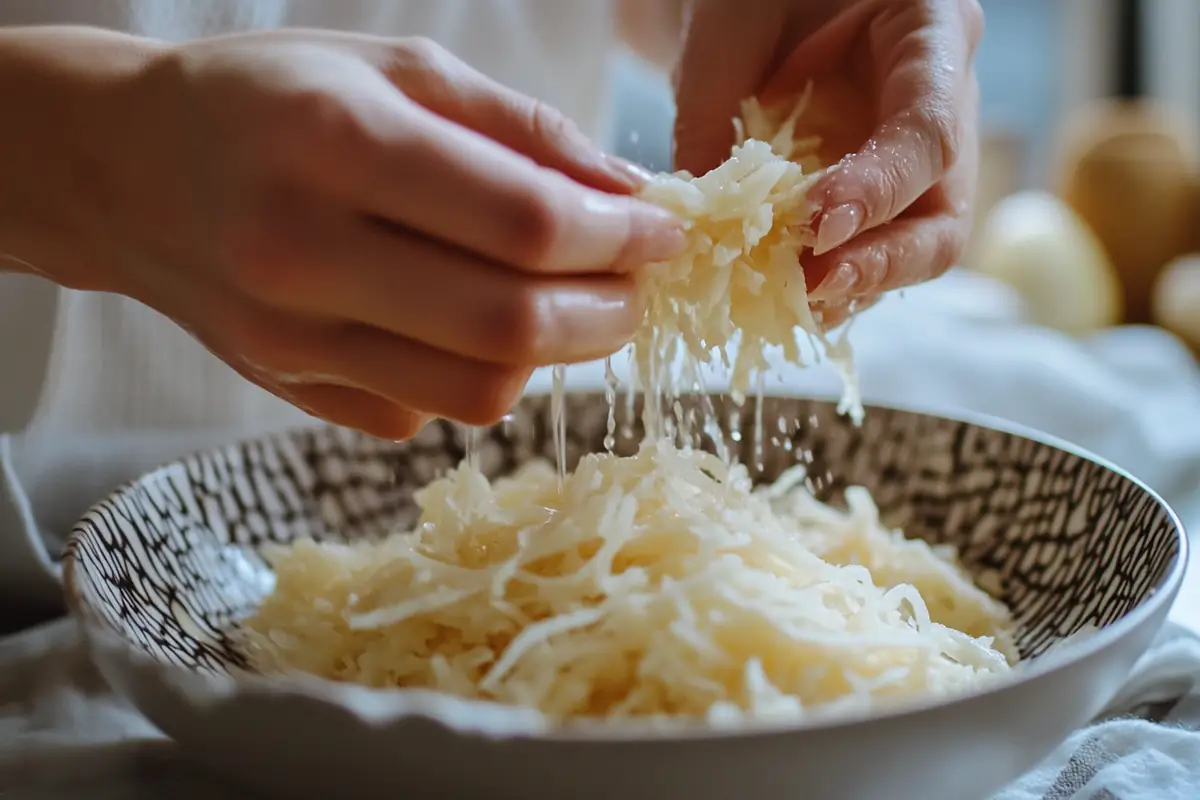 Hands squeezing water from shredded hash browns, visually demonstrating a key step to prevent a soggy casserole and addressing the question, "Why is my hash brown casserole soggy?".