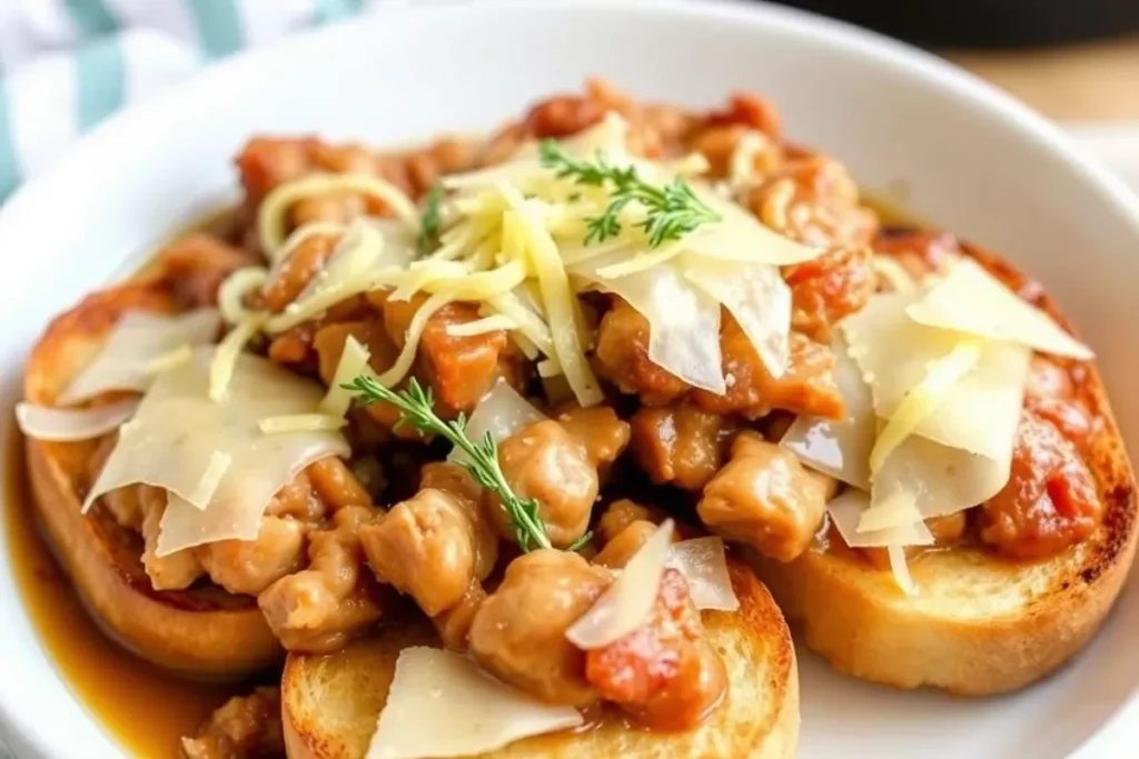 A serving of crockpot french onion chicken with melted cheese on toasted bread, garnished with thyme.