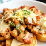 A serving of crockpot french onion chicken with melted cheese on toasted bread, garnished with thyme.