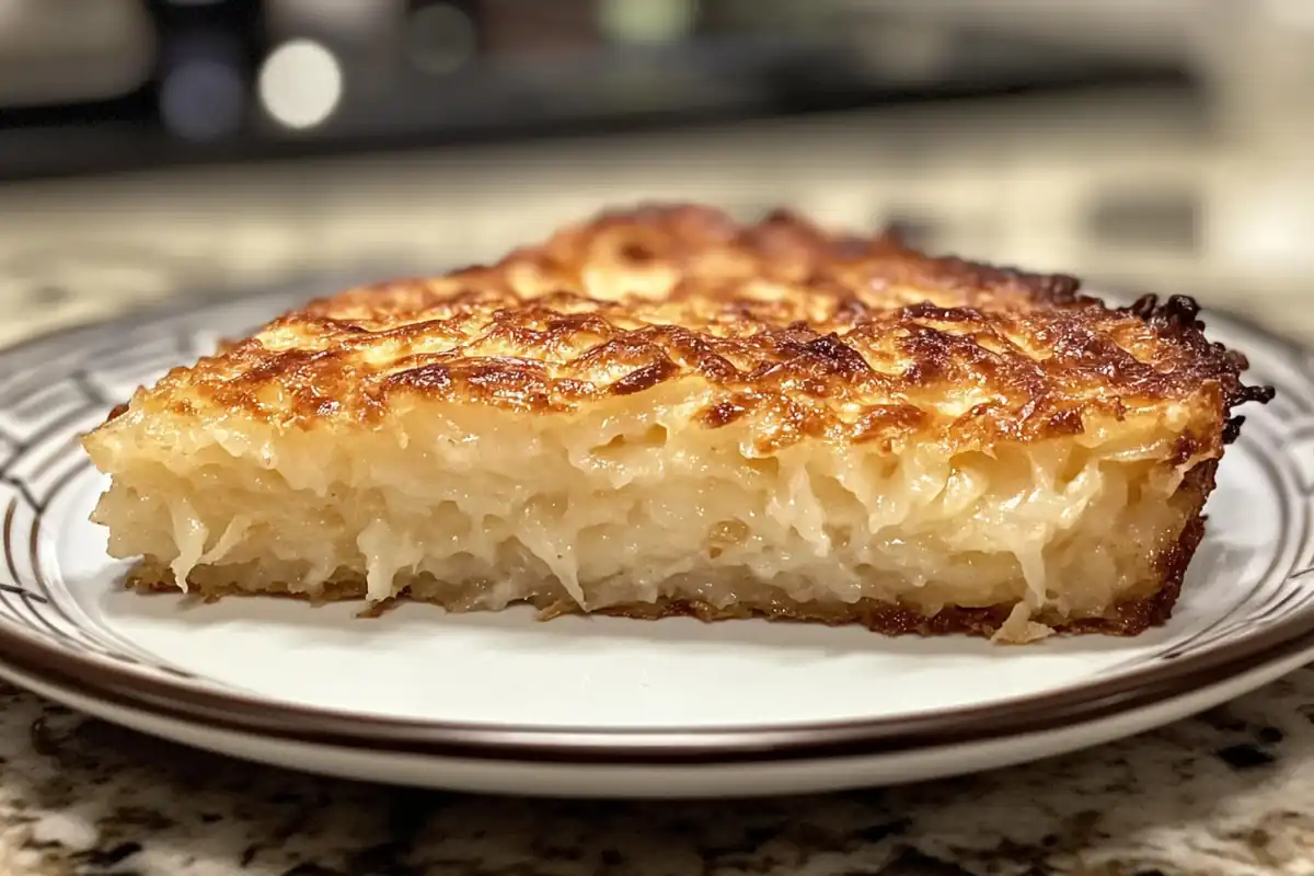 A slice of crispy hash brown casserole, representing the desired outcome and contrasting with the problem of a soggy casserole, addressing the question, "Why is my hash brown casserole soggy?".