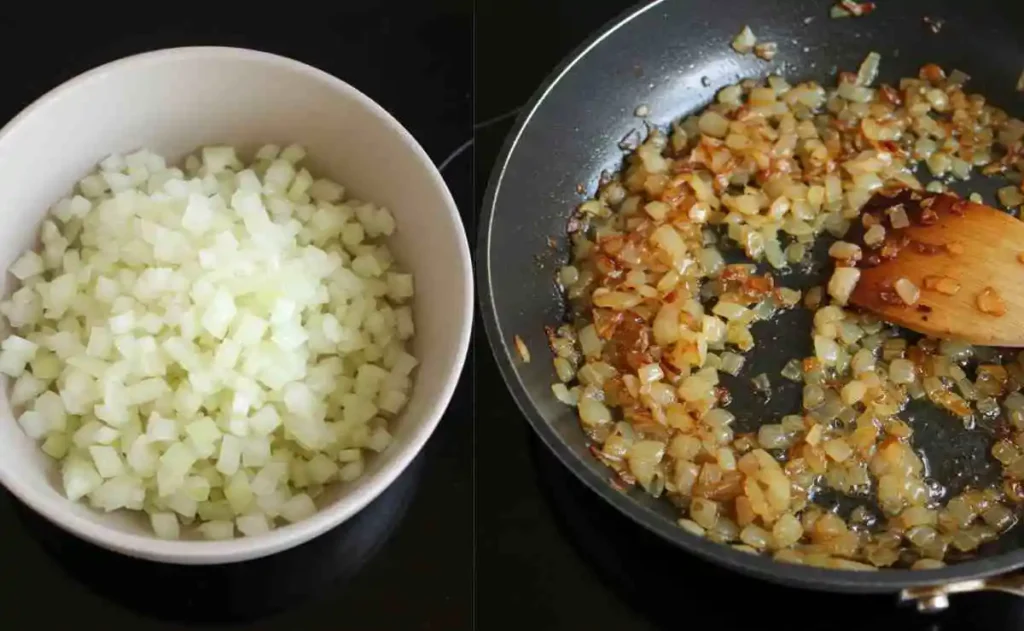 Raw onions versus sautéed onions, illustrating the difference for crockpot cooking. This image helps answer the question, Do you have to saute onions before crockpot?