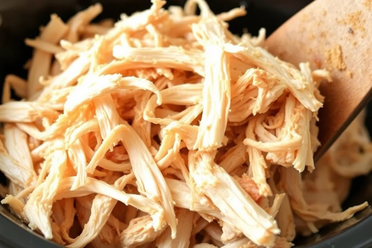 Rubbery chicken in a crockpot, showing a dry and stringy texture. This image represents why chicken can become rubbery after crockpot cooking.